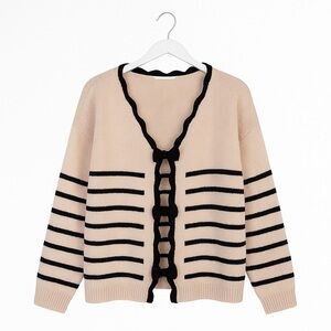 Davi & Dani Reversible Bow Stripe Cardigan Beige Black - Size L